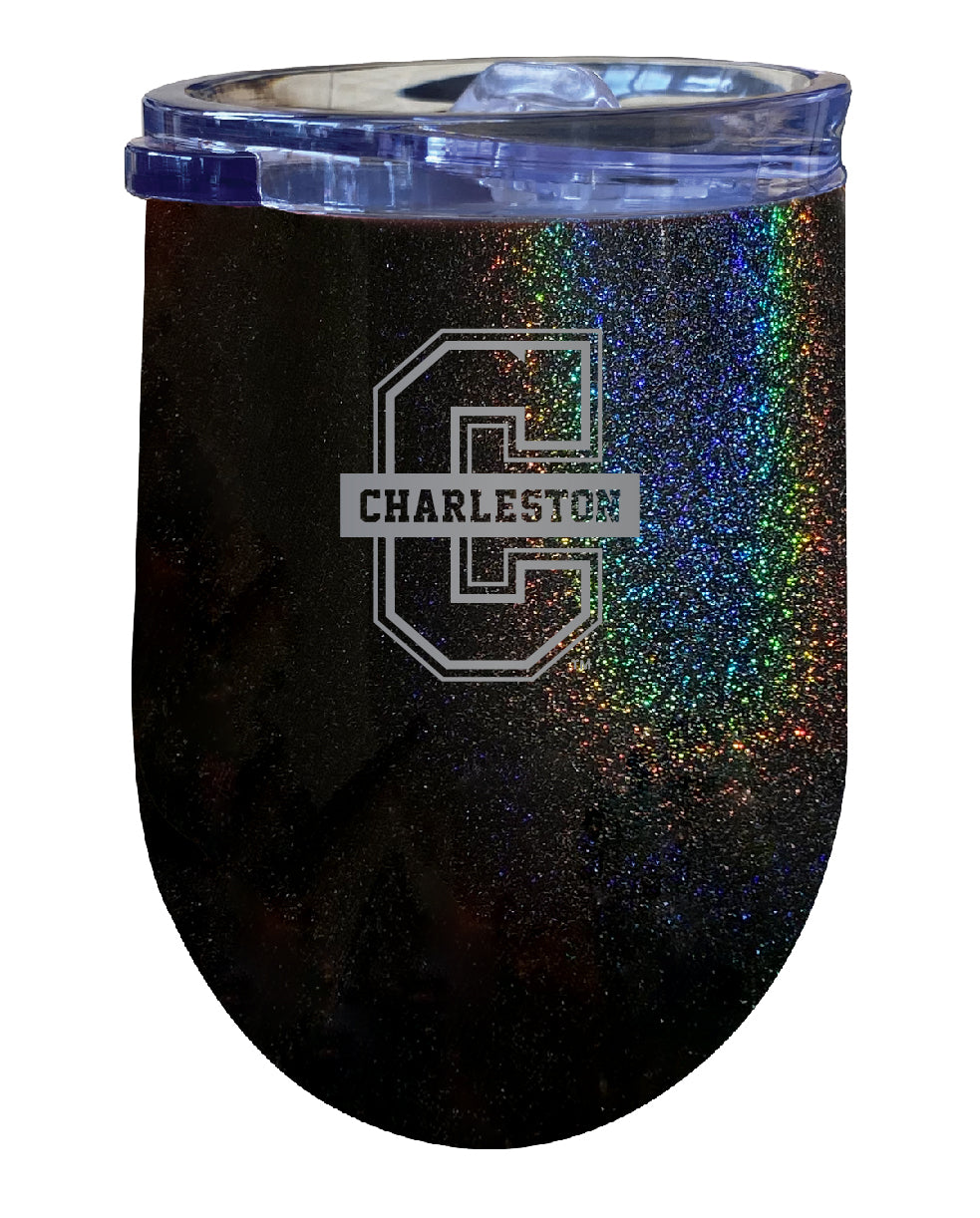 College of Charleston NCAA Laser-Etched Wine Tumbler - 12oz Rainbow Glitter Black Stainless Steel Insulated Cup