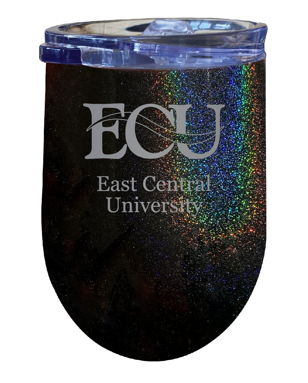 East Central University Tigers NCAA Laser-Etched Wine Tumbler - 12oz Rainbow Glitter Black Stainless Steel Insulated Cup