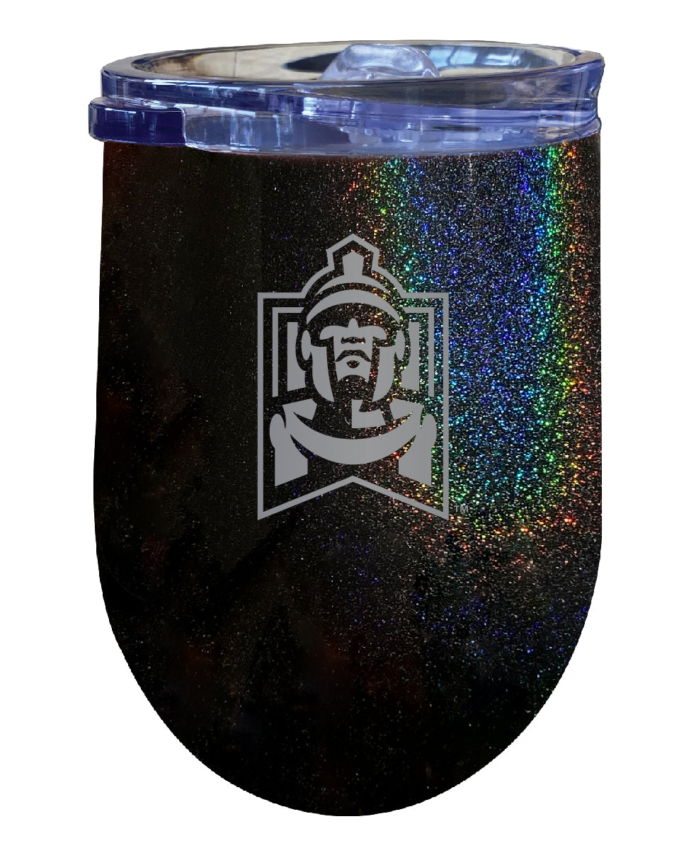 East Stroudsburg University NCAA Laser-Etched Wine Tumbler - 12oz Rainbow Glitter Black Stainless Steel Insulated Cup