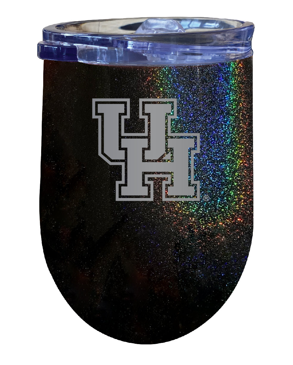 University of Houston NCAA Laser-Etched Wine Tumbler - 12oz Rainbow Glitter Black Stainless Steel Insulated Cup