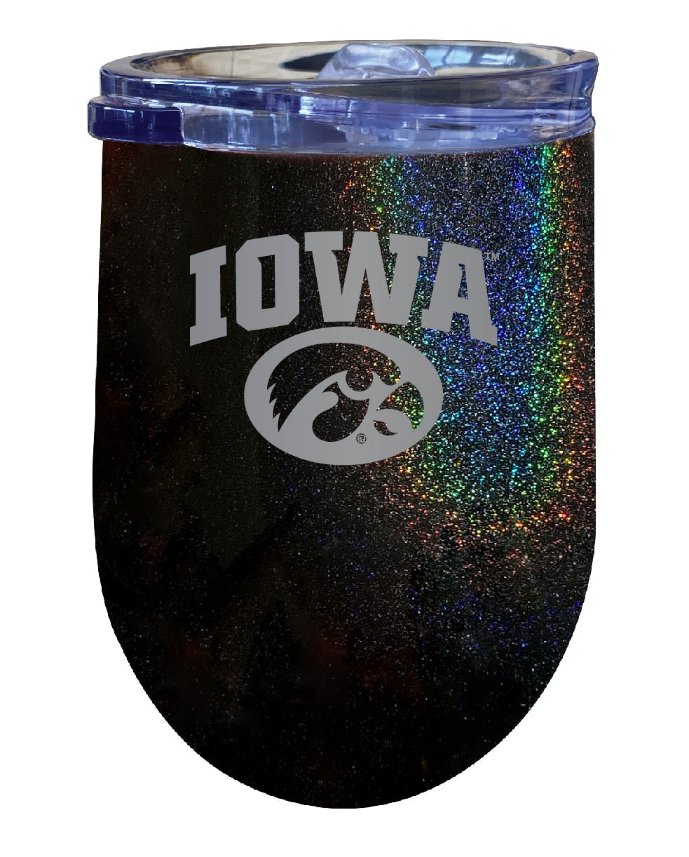 Iowa Hawkeyes NCAA Laser-Etched Wine Tumbler - 12oz Rainbow Glitter Black Stainless Steel Insulated Cup