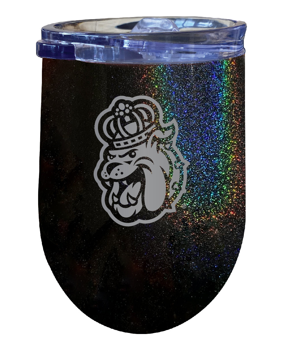 James Madison Dukes NCAA Laser-Etched Wine Tumbler - 12oz Rainbow Glitter Black Stainless Steel Insulated Cup