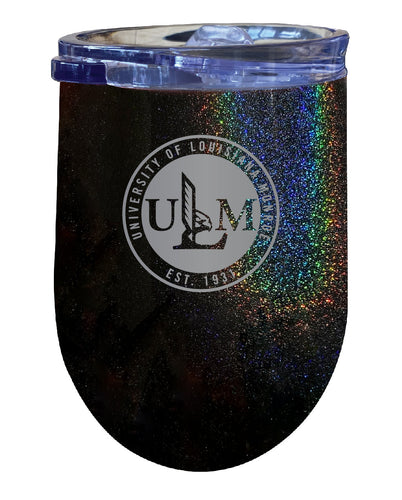 University of Louisiana Monroe NCAA Laser-Etched Wine Tumbler - 12oz Rainbow Glitter Black Stainless Steel Insulated Cup