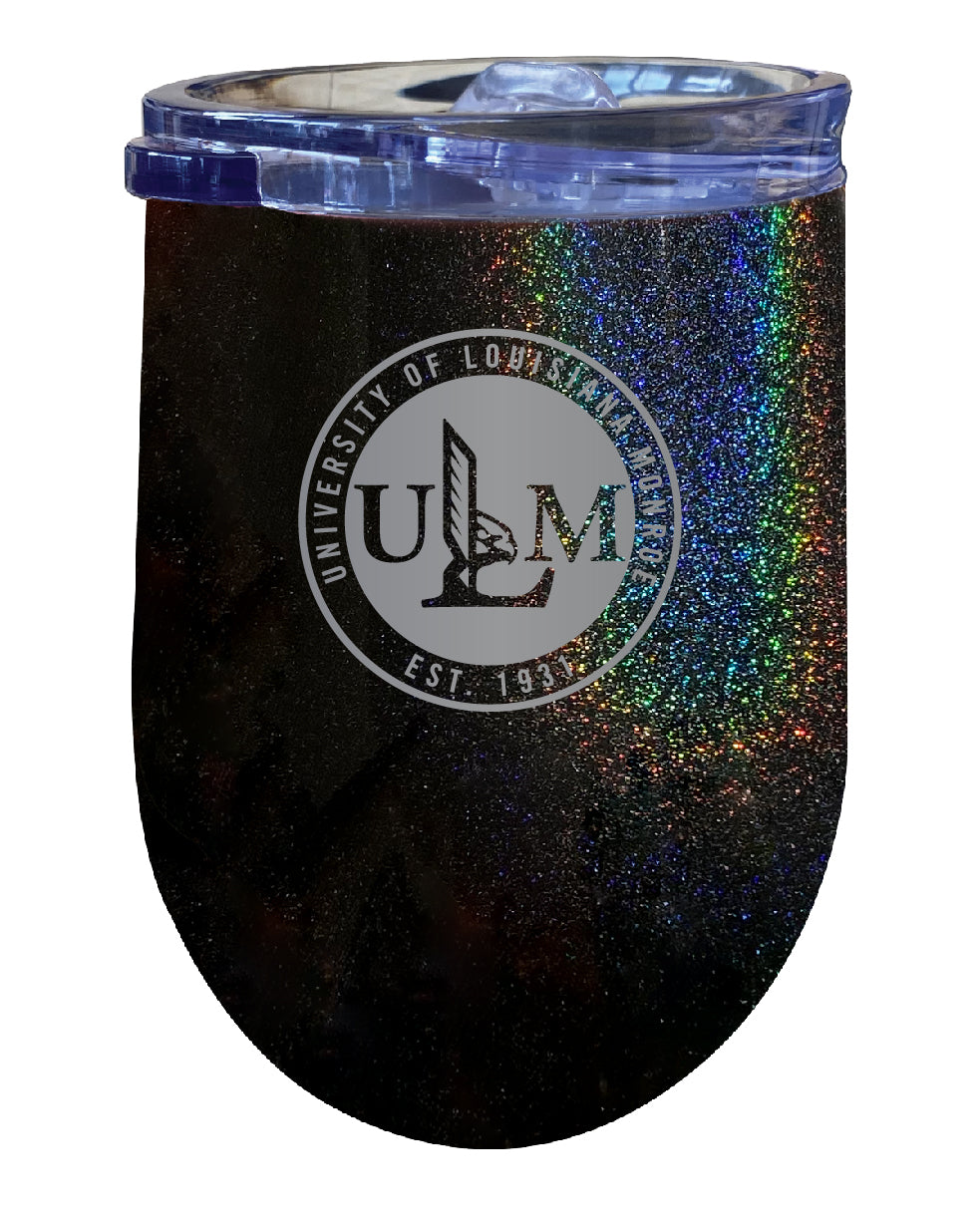 University of Louisiana Monroe NCAA Laser-Etched Wine Tumbler - 12oz Rainbow Glitter Black Stainless Steel Insulated Cup