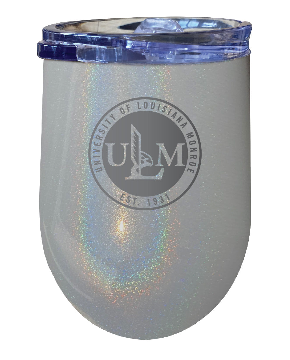 University of Louisiana Monroe NCAA Laser-Etched Wine Tumbler - 12oz Rainbow Glitter Gray Stainless Steel Insulated Cup