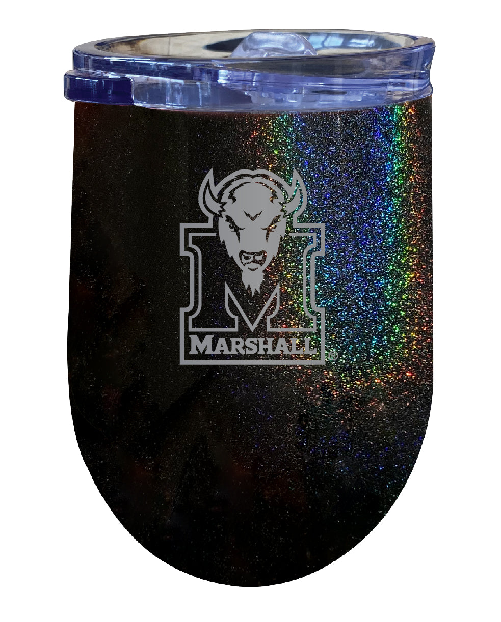 Marshall Thundering Herd NCAA Laser-Etched Wine Tumbler - 12oz Rainbow Glitter Black Stainless Steel Insulated Cup