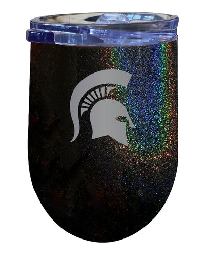 Michigan State Spartans NCAA Laser-Etched Wine Tumbler - 12oz Rainbow Glitter Black Stainless Steel Insulated Cup