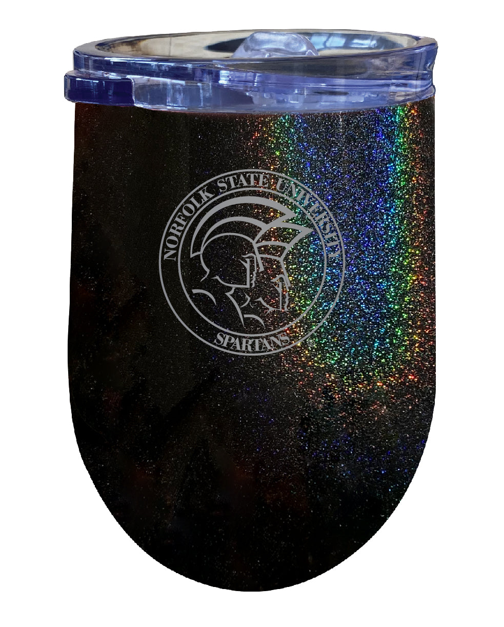 Norfolk State University NCAA Laser-Etched Wine Tumbler - 12oz Rainbow Glitter Black Stainless Steel Insulated Cup