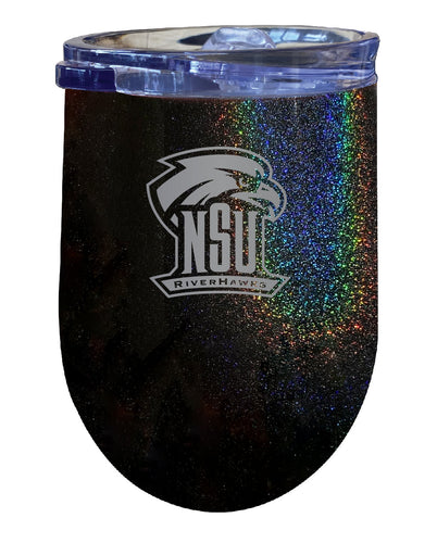 Northeastern State University Riverhawks NCAA Laser-Etched Wine Tumbler - 12oz Rainbow Glitter Black Stainless Steel Insulated Cup