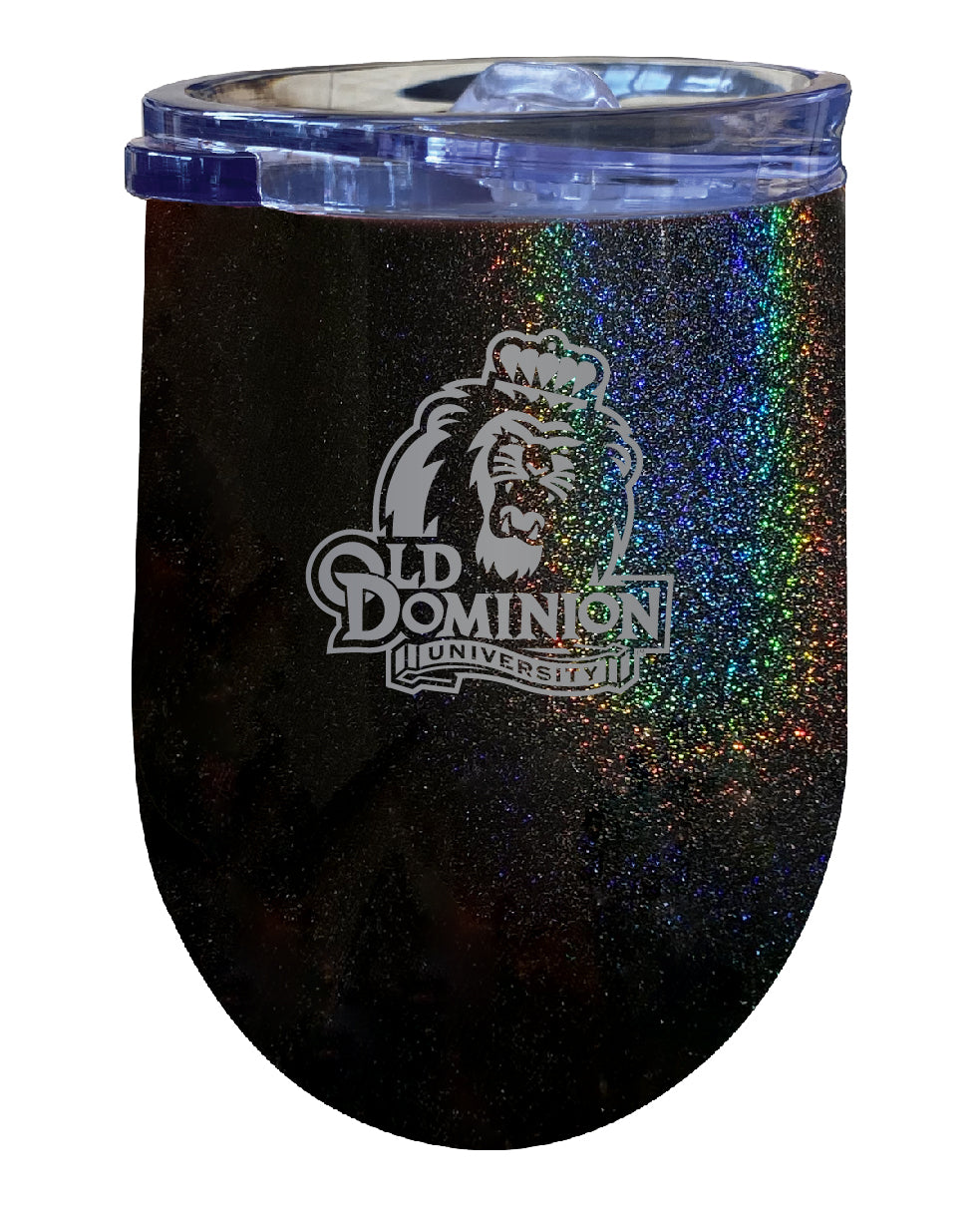 Old Dominion Monarchs NCAA Laser-Etched Wine Tumbler - 12oz Rainbow Glitter Black Stainless Steel Insulated Cup