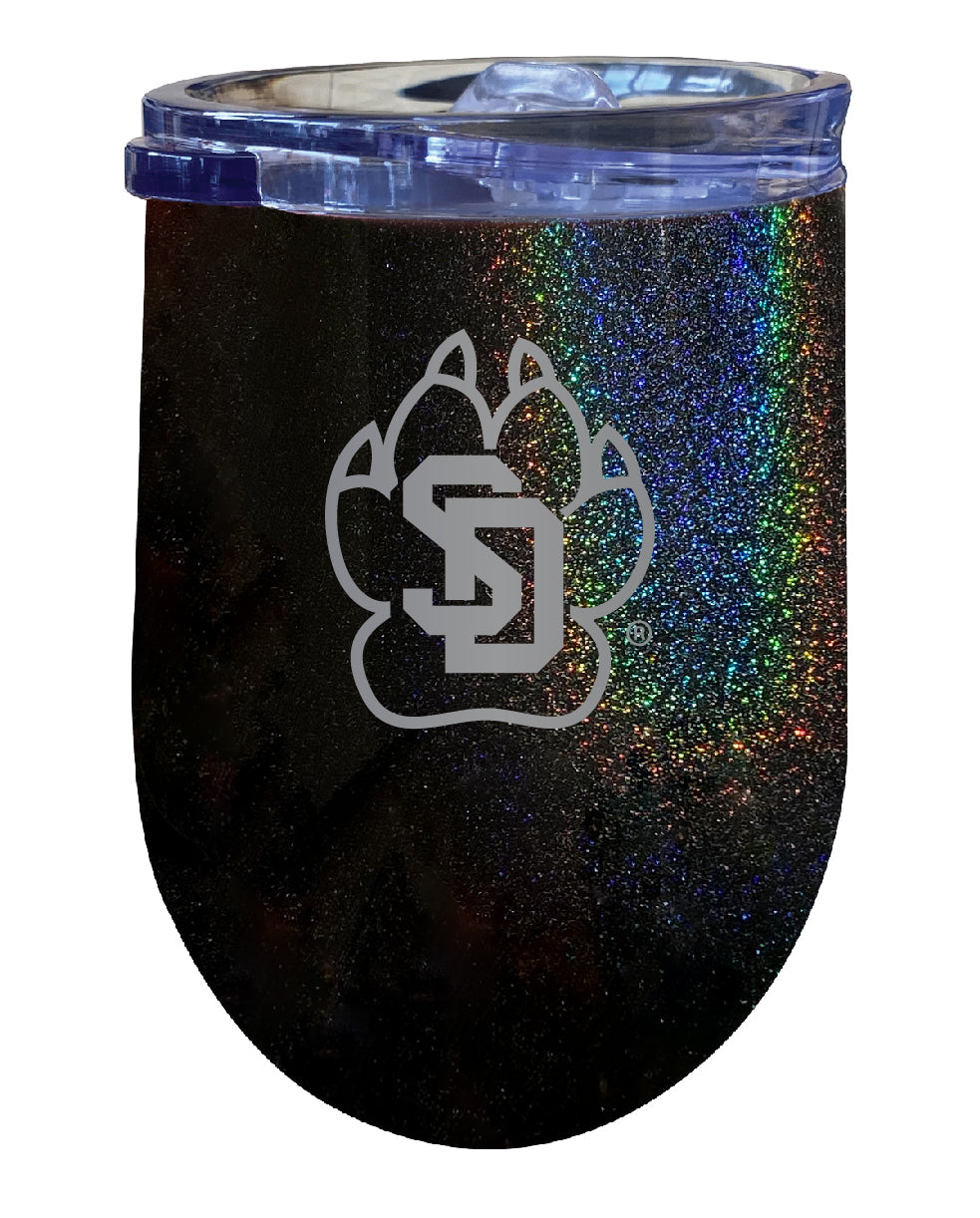 South Dakota Coyotes NCAA Laser-Etched Wine Tumbler - 12oz Rainbow Glitter Black Stainless Steel Insulated Cup