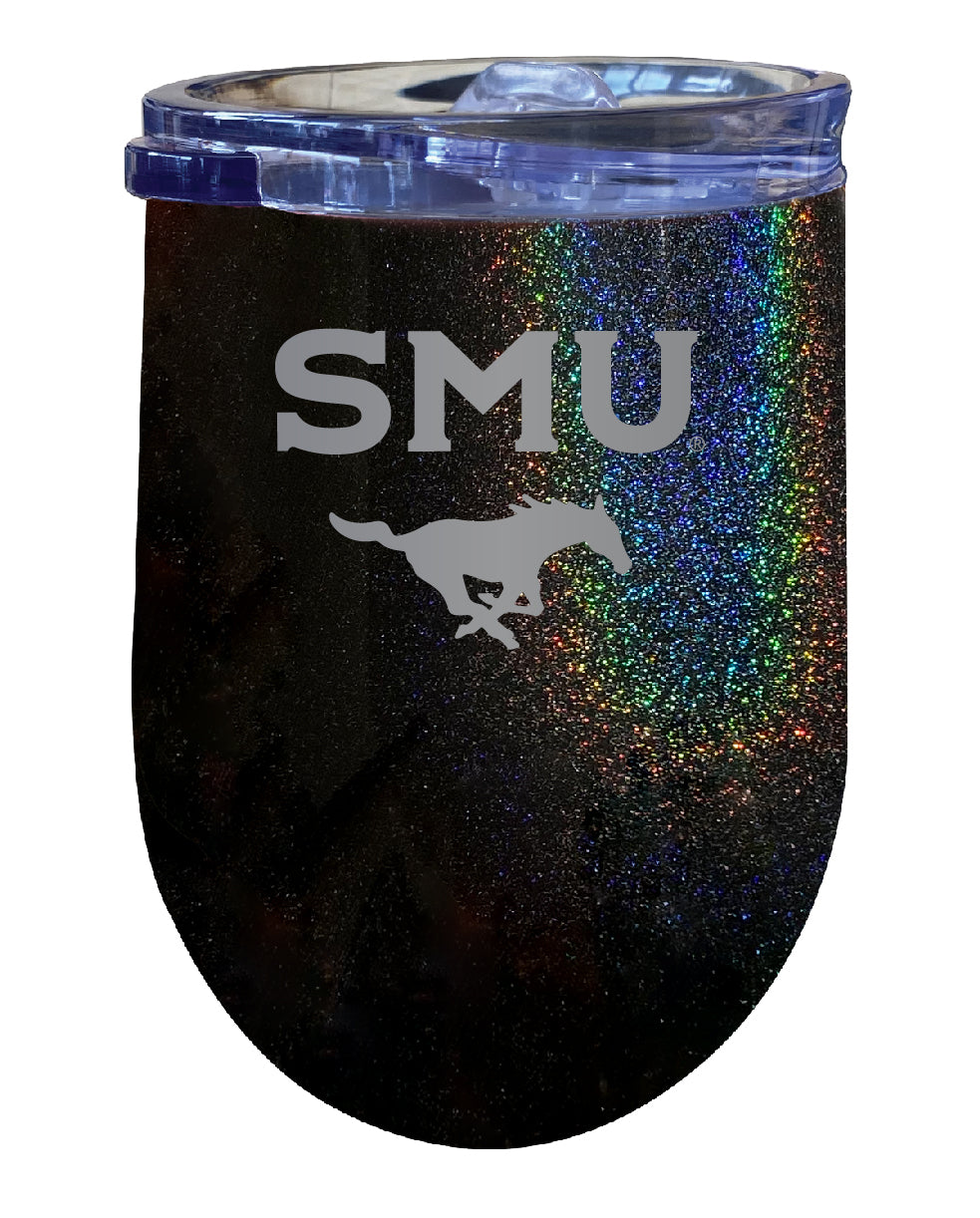 Southern Methodist University NCAA Laser-Etched Wine Tumbler - 12oz Rainbow Glitter Black Stainless Steel Insulated Cup