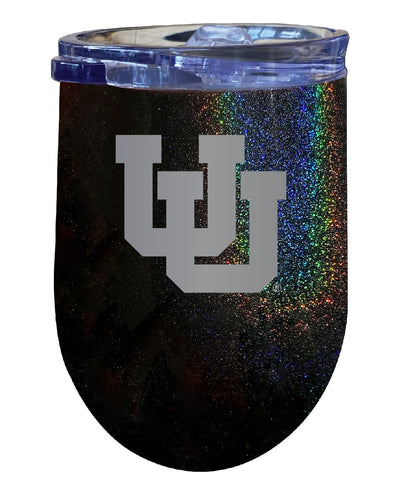 Utah Utes NCAA Laser-Etched Wine Tumbler - 12oz Rainbow Glitter Black Stainless Steel Insulated Cup