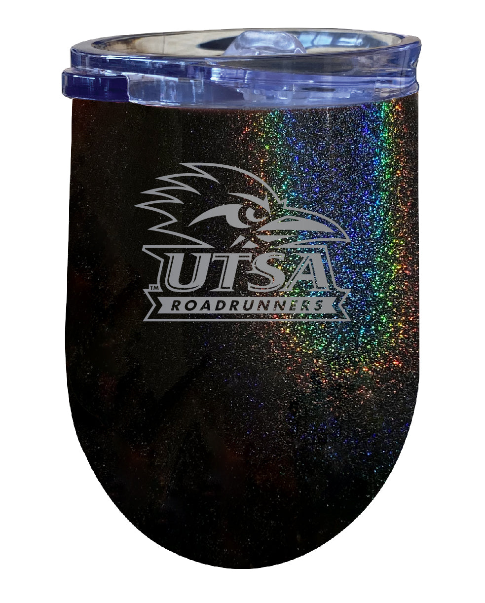 UTSA Road Runners NCAA Laser-Etched Wine Tumbler - 12oz Rainbow Glitter Black Stainless Steel Insulated Cup