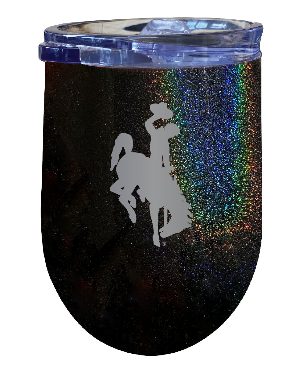 University of Wyoming NCAA Laser-Etched Wine Tumbler - 12oz Rainbow Glitter Black Stainless Steel Insulated Cup