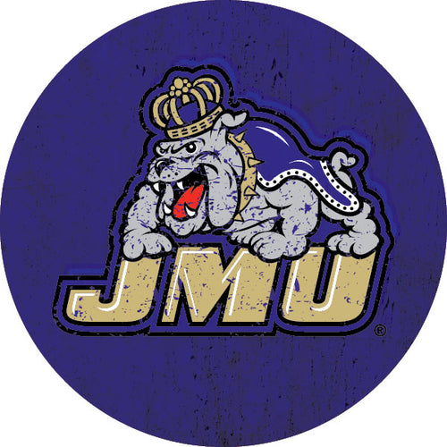 James Madison Dukes Distressed Wood Grain Design 4-Inch Round Shape NCAA High-Definition Magnet - Versatile Metallic Surface Adornment