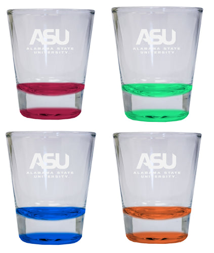 NCAA Alabama State University Collector's 2oz Laser-Engraved Spirit Shot Glass Red, Orange, Blue and Green 4-Pack