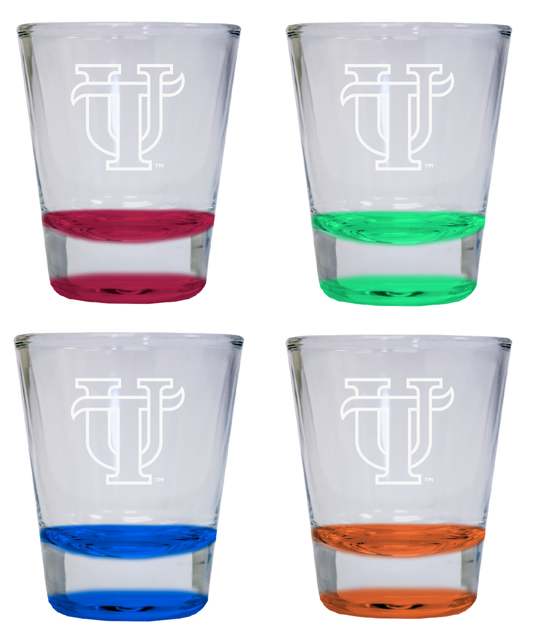 NCAA University of Tampa Spartans Collector's 2oz Laser-Engraved Spirit Shot Glass Red, Orange, Blue and Green 4-Pack