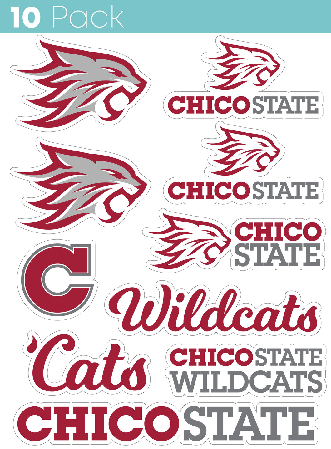 California State University, Chico 10-Pack, 4 inches in size on one of its sides NCAA Durable School Spirit Vinyl Decal Sticker