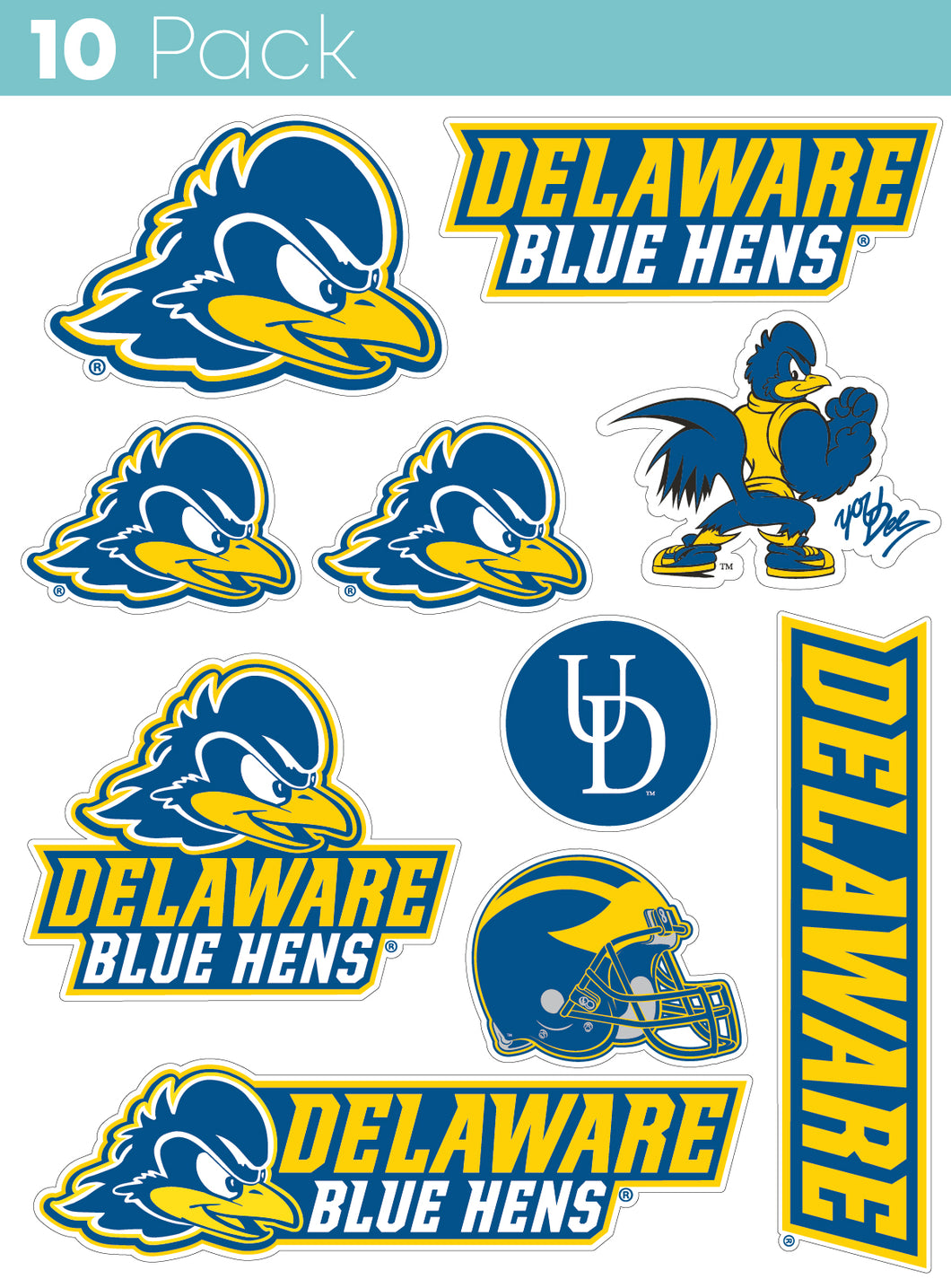 Delaware Blue Hens 10-Pack, 4 inches in size on one of its sides NCAA Durable School Spirit Vinyl Decal Sticker