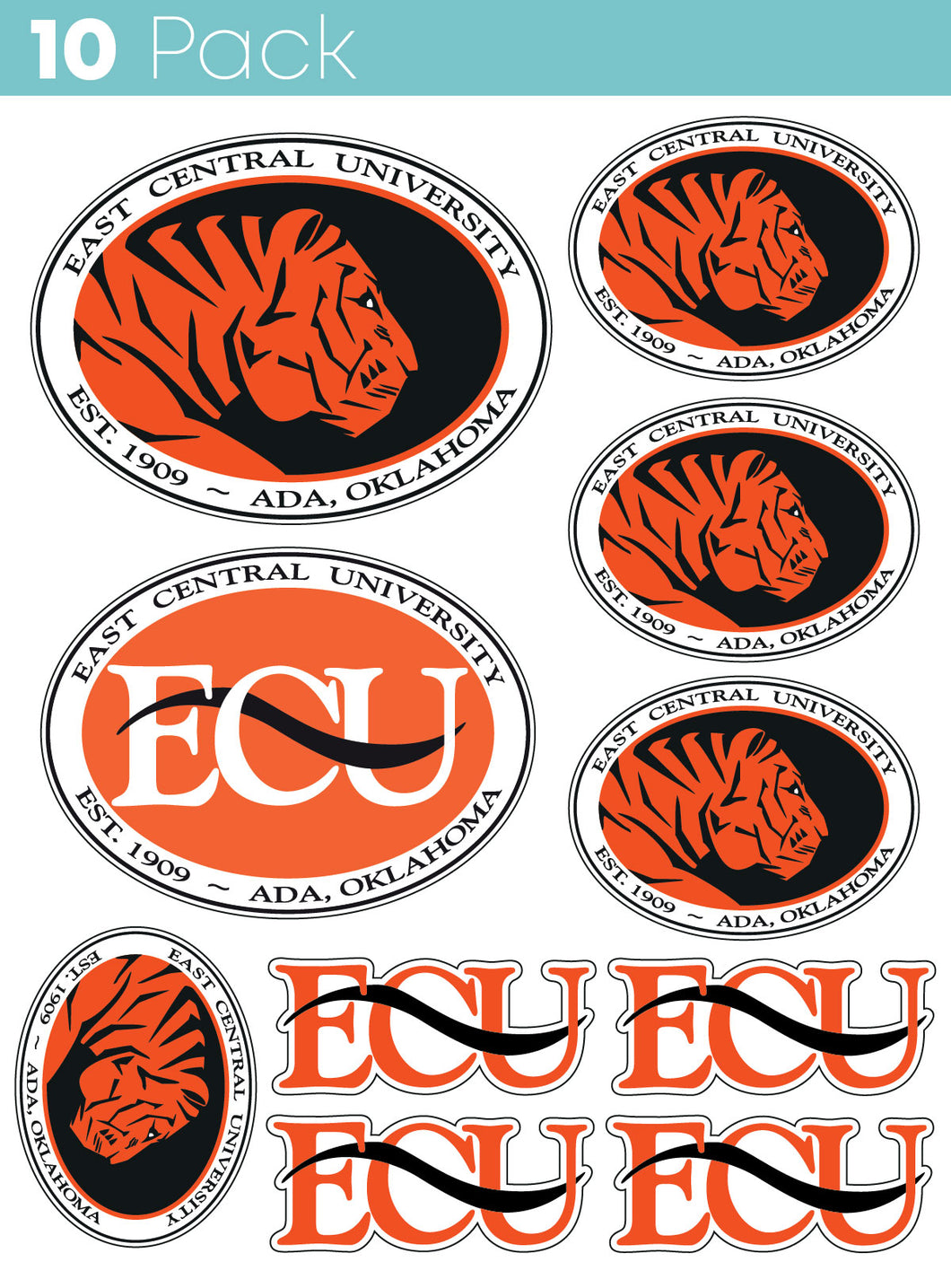 East Central University Tigers 10-Pack, 4 inches in size on one of its sides NCAA Durable School Spirit Vinyl Decal Sticker