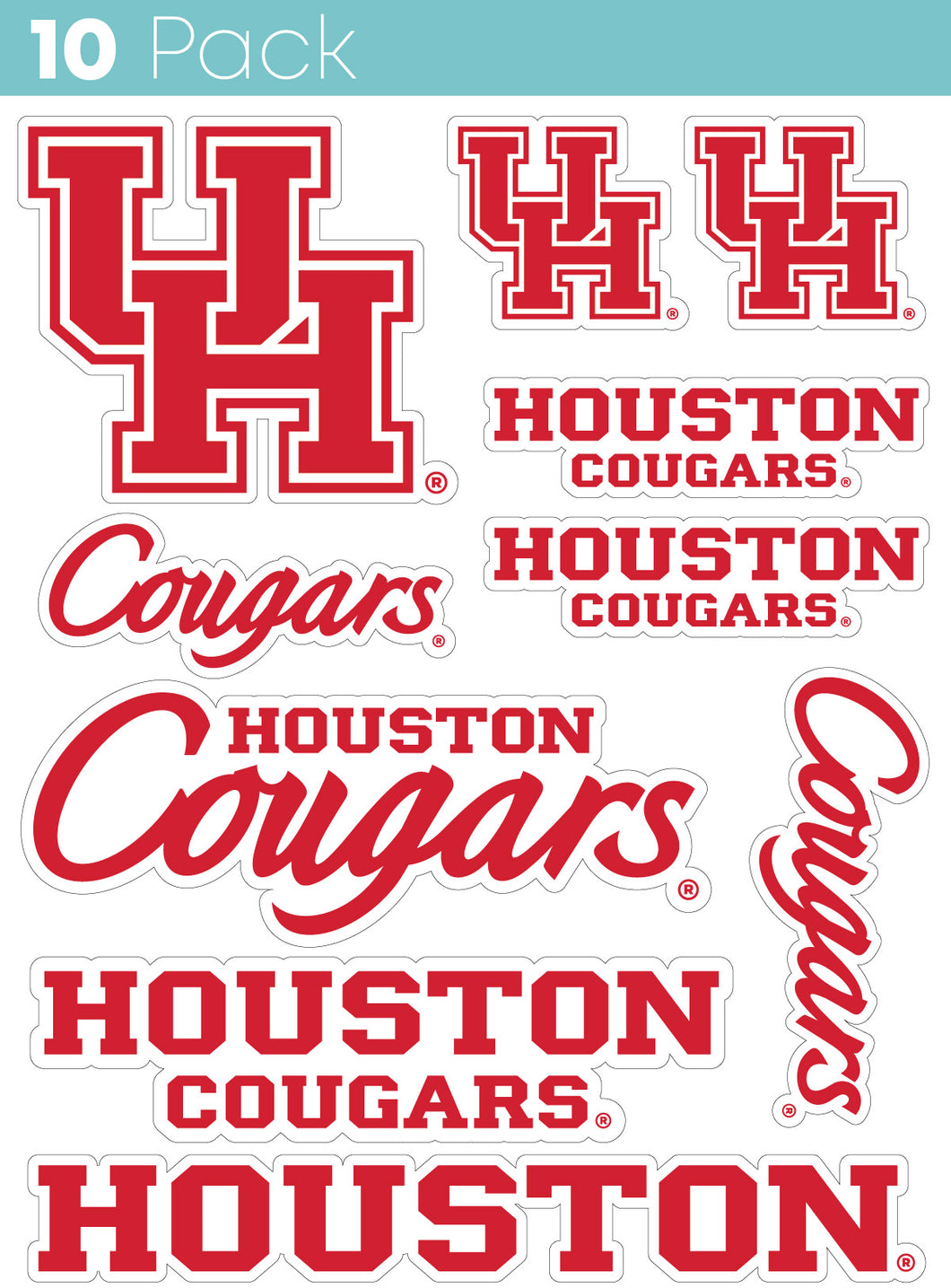 University of Houston 10-Pack, 4 inches in size on one of its sides NCAA Durable School Spirit Vinyl Decal Sticker