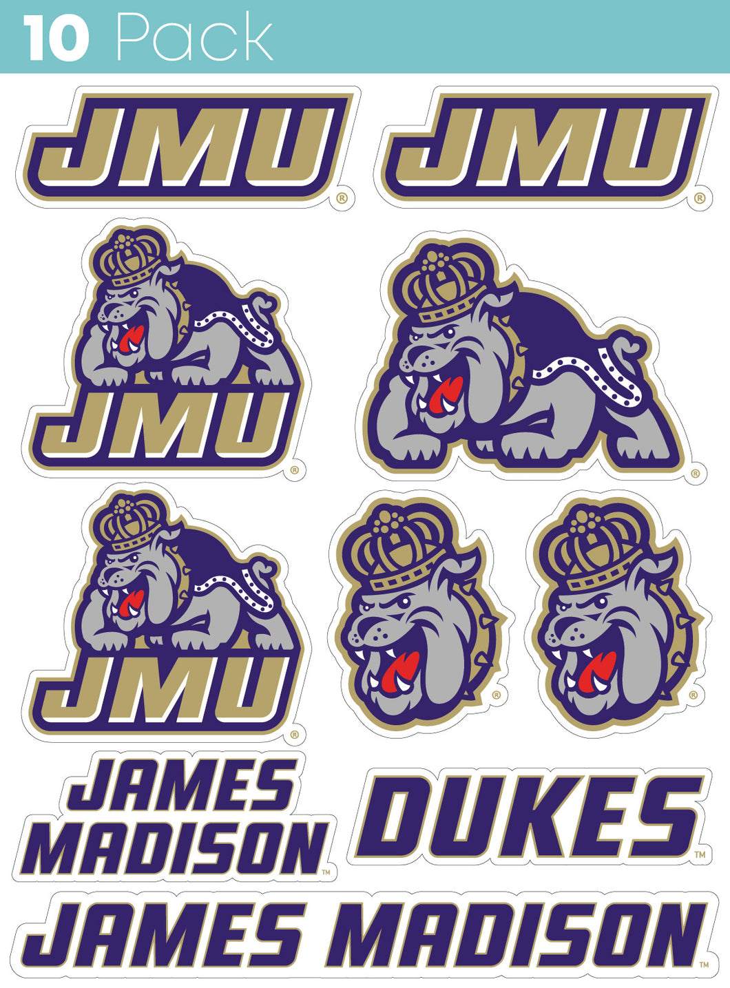 James Madison Dukes 10-Pack, 4 inches in size on one of its sides NCAA Durable School Spirit Vinyl Decal Sticker