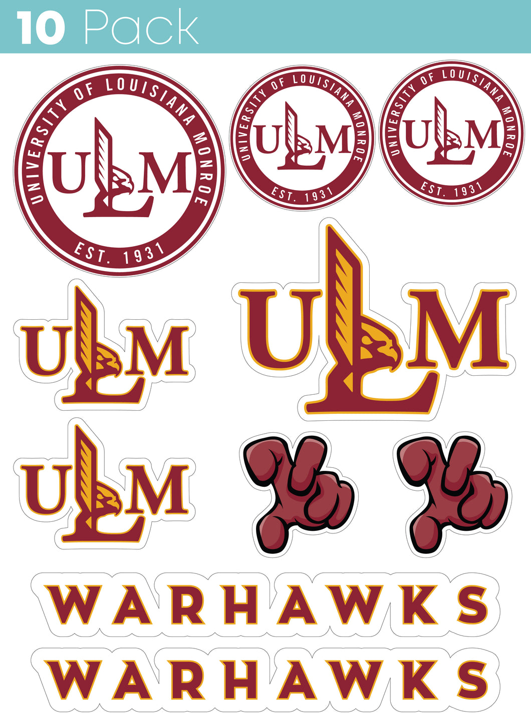 University of Louisiana Monroe 10-Pack, 4 inches in size on one of its sides NCAA Durable School Spirit Vinyl Decal Sticker