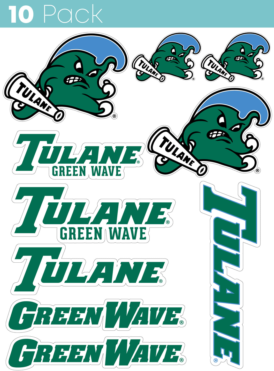 Tulane University Green Wave 10-Pack, 4 inches in size on one of its sides NCAA Durable School Spirit Vinyl Decal Sticker