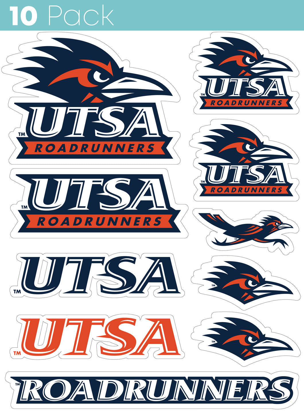 UTSA Road Runners 10-Pack, 4 inches in size on one of its sides NCAA Durable School Spirit Vinyl Decal Sticker