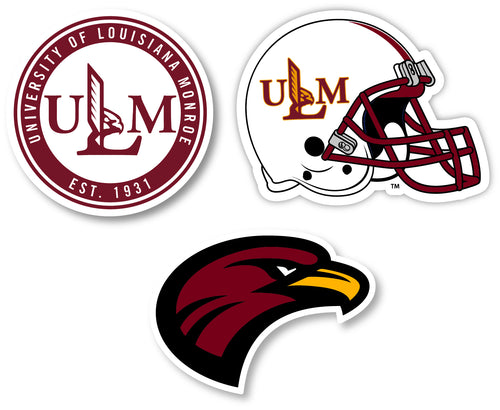 University of Louisiana Monroe 3 Pack 4-Inch Each NCAA Durable School Spirit Vinyl Decal Sticker