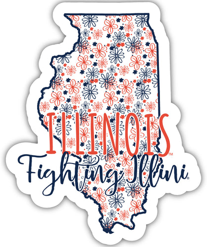 Illinois Fighting Illini 4-Inch State Shaped NCAA Floral Love Vinyl Sticker - Blossoming School Spirit Decal