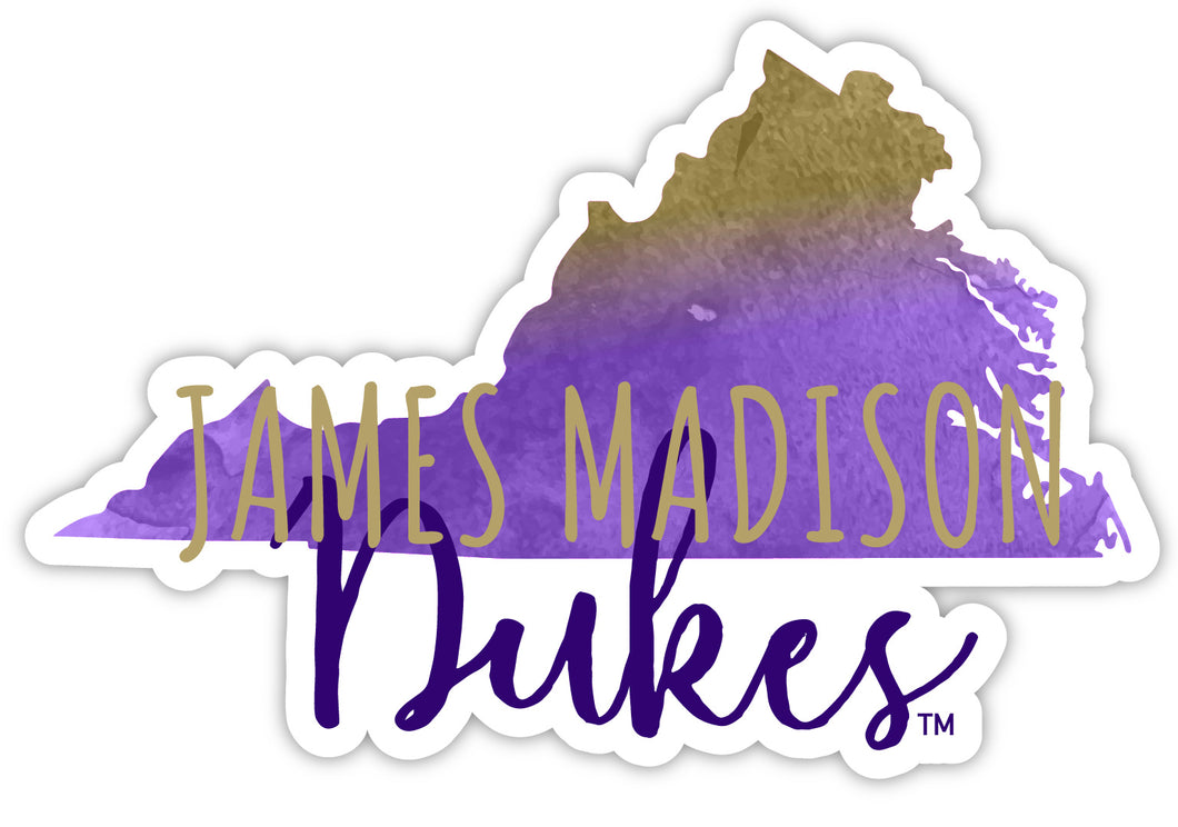 James Madison Dukes 4-Inch Watercolor State Shaped NCAA Vinyl Decal Sticker for Fans, Students, and Alumni