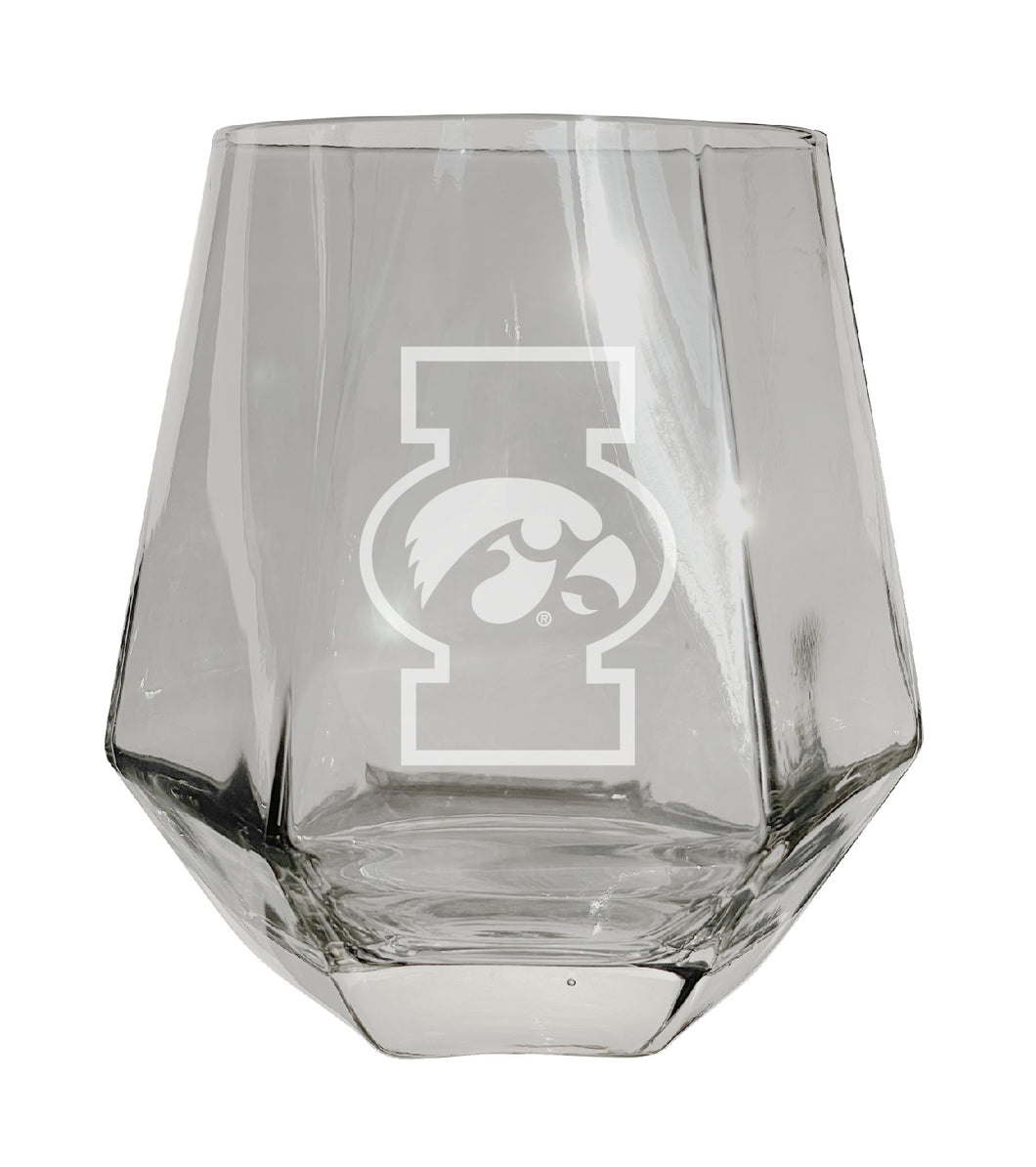 Iowa Hawkeyes Tigers Etched Diamond Cut 10 oz Stemless Wine Glass - NCAA Licensed