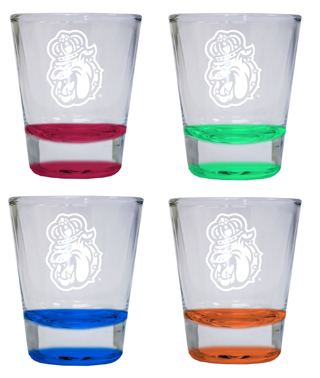 NCAA James Madison Dukes Collector's 2oz Laser-Engraved Spirit Shot Glass Red, Orange, Blue and Green 4-Pack