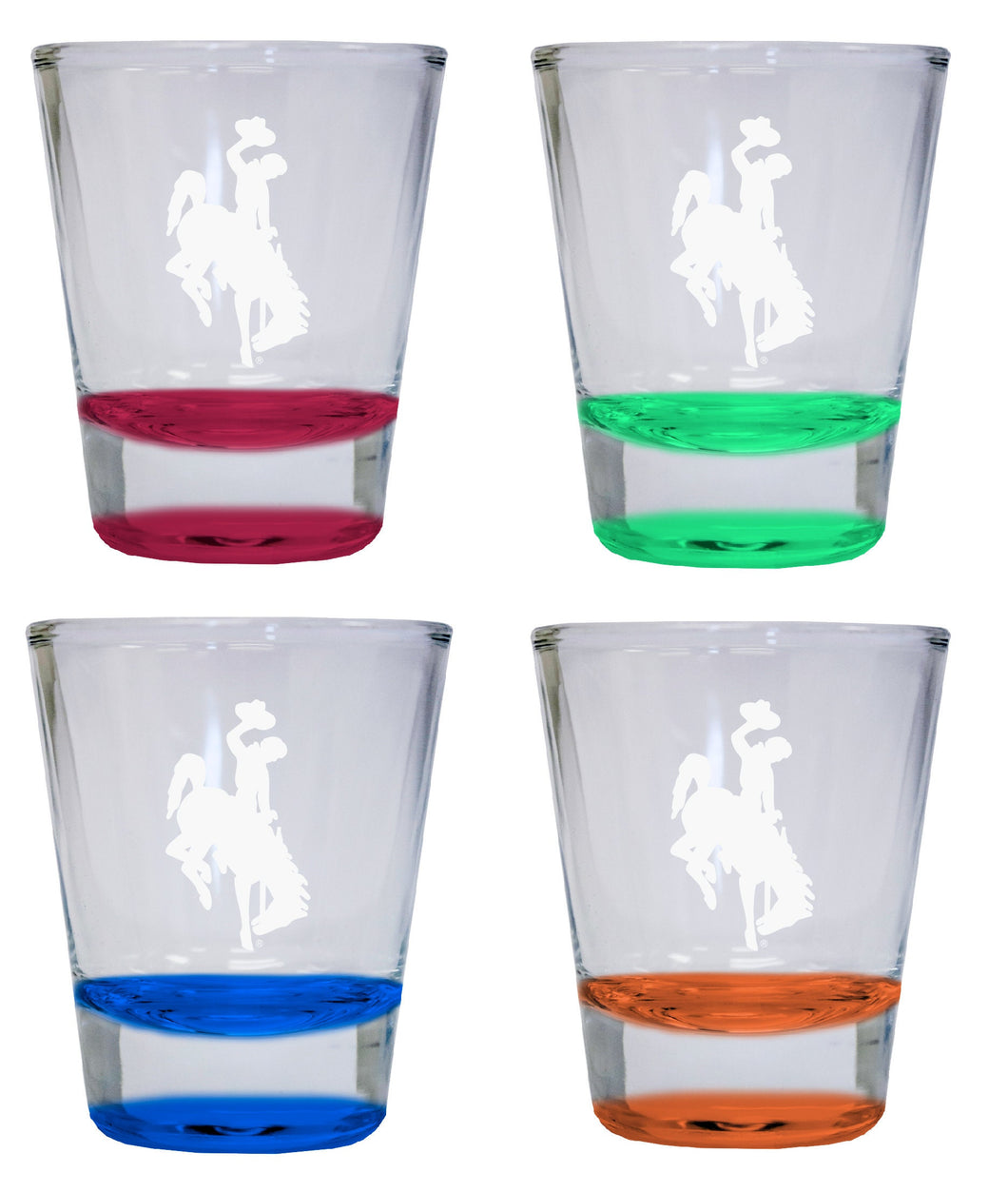 NCAA University of Wyoming Collector's 2oz Laser-Engraved Spirit Shot Glass Red, Orange, Blue and Green 4-Pack